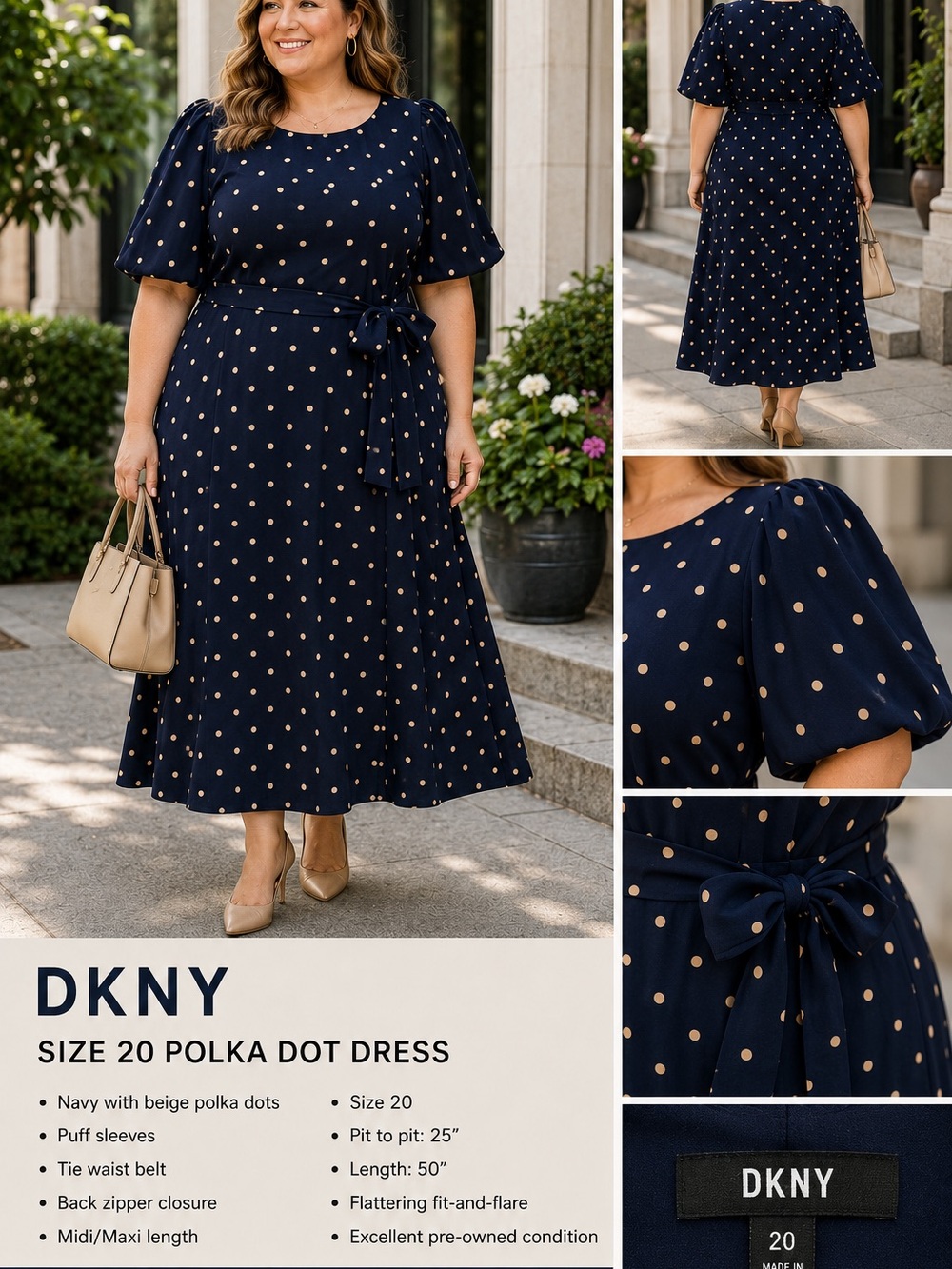 DKNY Navy and Beige Polka Dot Midi Dress with Tie Waist size 20